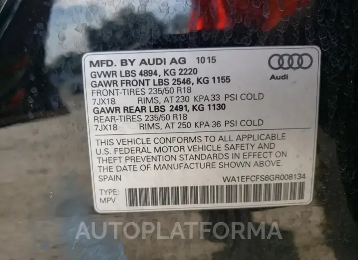 AUDI Q3 PREMIUM 2016 vin WA1EFCFS6GR008134 from auto auction Copart