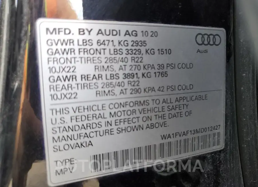 AUDI Q8 PRESTIG 2021 vin WA1FVAF13MD012427 from auto auction Copart