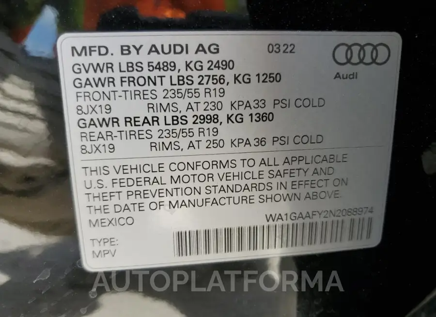 AUDI Q5 PREMIUM 2022 vin WA1GAAFY2N2088974 from auto auction Copart