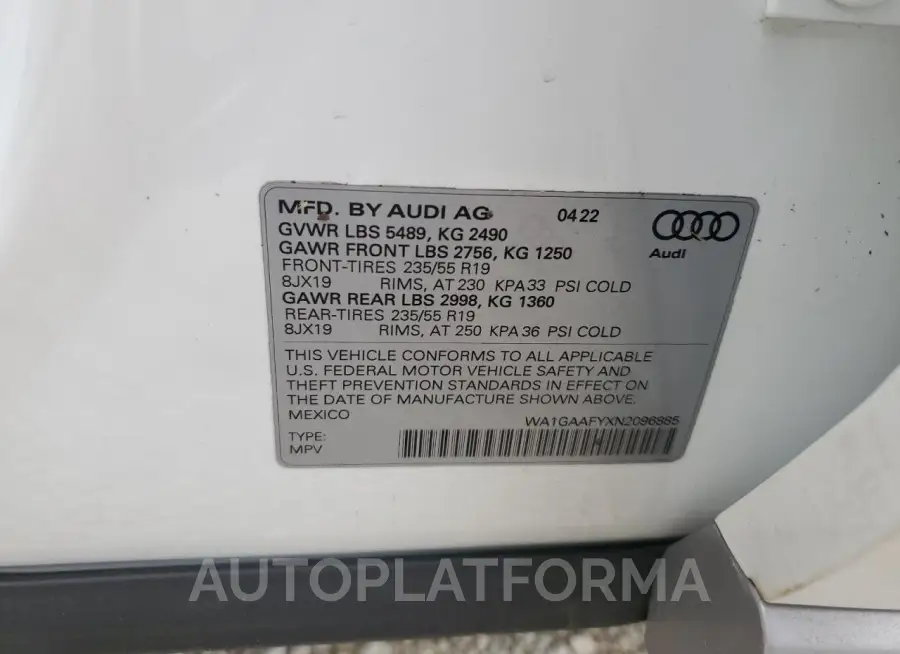 AUDI Q5 PREMIUM 2022 vin WA1GAAFYXN2096885 from auto auction Copart