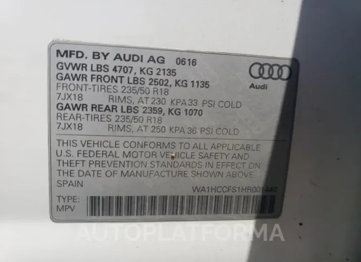 AUDI Q3 PREMIUM 2017 vin WA1HCCFS1HR001440 from auto auction Copart