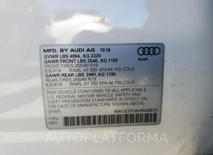 AUDI Q3 PREMIUM 2017 vin WA1JCCFS6HR008675 from auto auction Copart