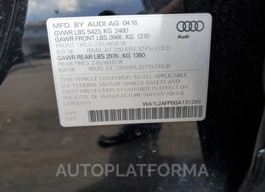 AUDI Q5 PREMIUM 2016 vin WA1L2AFP6GA131269 from auto auction Copart