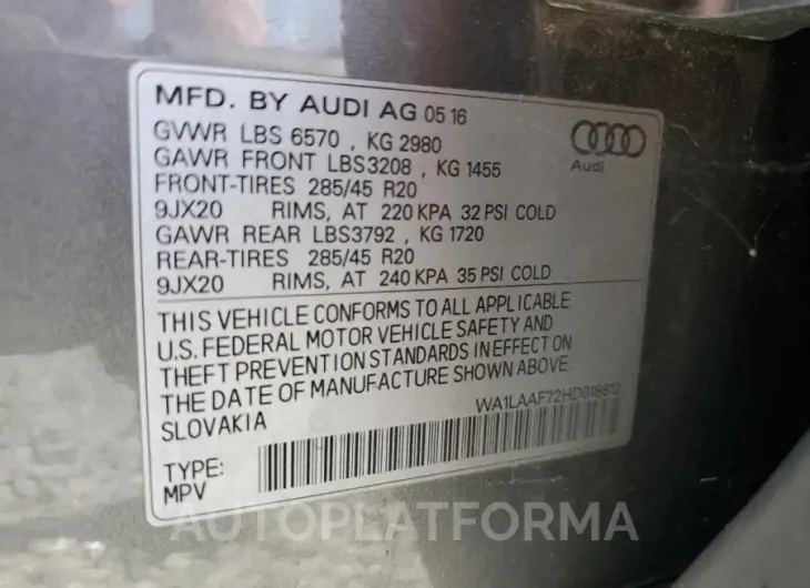 AUDI Q7 PREMIUM 2017 vin WA1LAAF72HD018812 from auto auction Copart