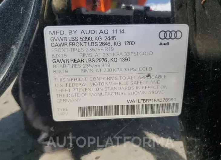 AUDI Q5 PREMIUM 2015 vin WA1LFBFP1FA078991 from auto auction Copart