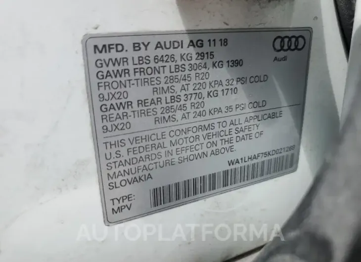 AUDI Q7 PREMIUM 2019 vin WA1LHAF75KD021268 from auto auction Copart