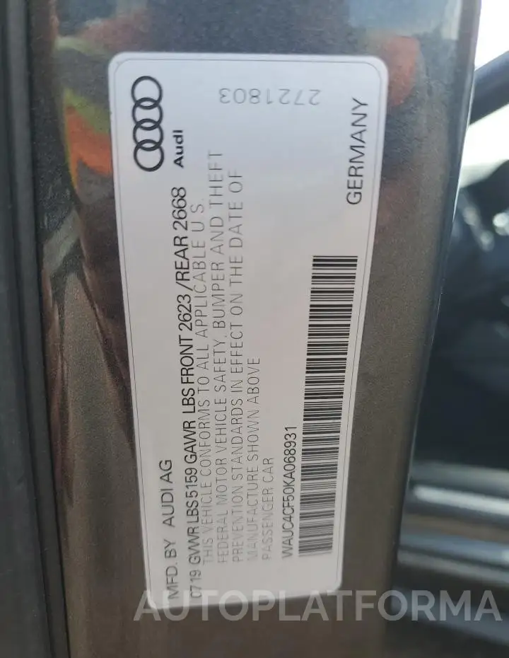 AUDI S5 2019 vin WAUC4CF50KA068931 from auto auction Copart