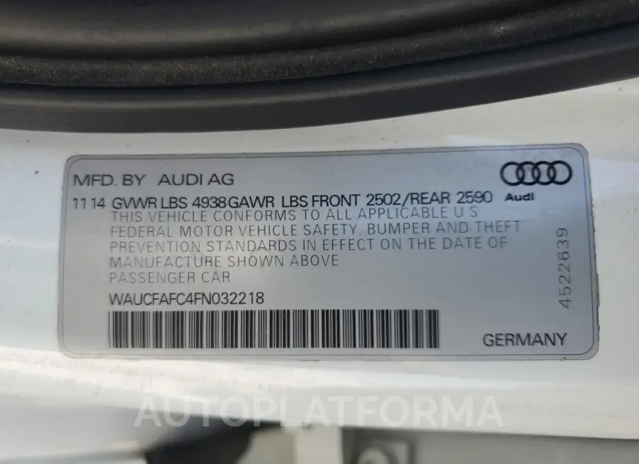 AUDI A6 PREMIUM 2015 vin WAUCFAFC4FN032218 from auto auction Copart