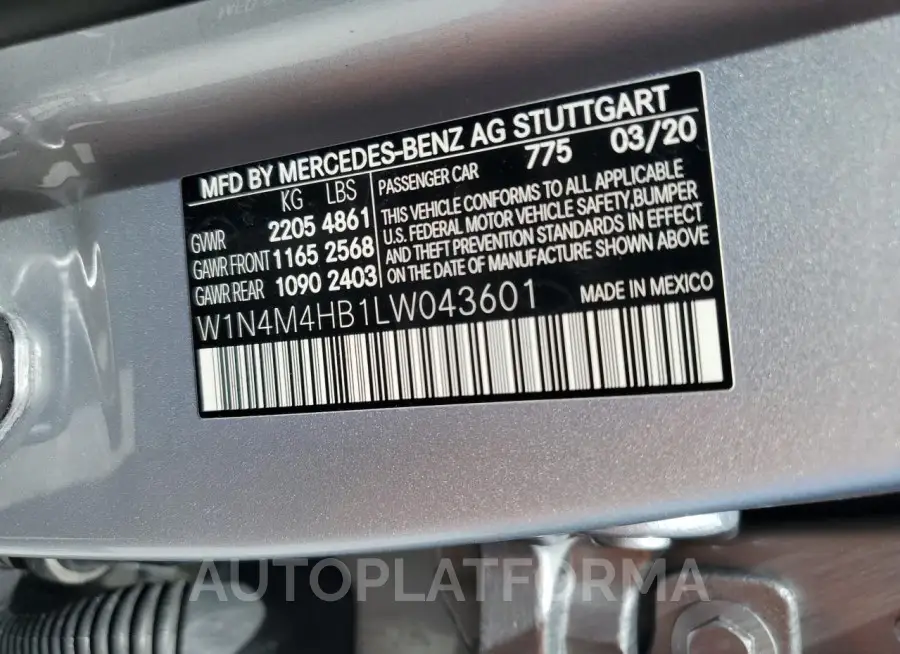 MERCEDES-BENZ GLB 250 4M 2020 vin W1N4M4HB1LW043601 from auto auction Copart