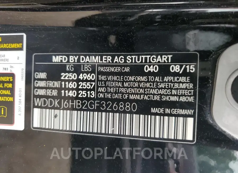 MERCEDES-BENZ E 400 4MAT 2016 vin WDDKJ6HB2GF326880 from auto auction Copart