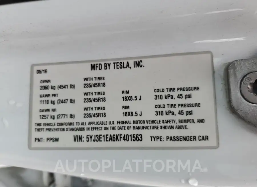 TESLA MODEL 3 2019 vin 5YJ3E1EA6KF401563 from auto auction Copart