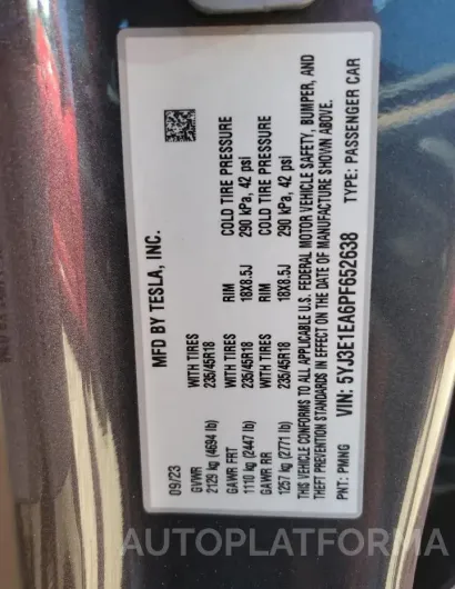 TESLA MODEL 3 2023 vin 5YJ3E1EA6PF652638 from auto auction Copart