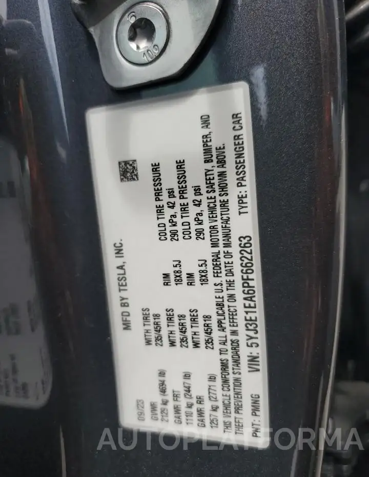 TESLA MODEL 3 2023 vin 5YJ3E1EA6PF662263 from auto auction Copart