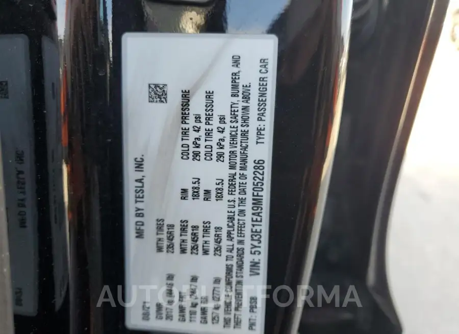 TESLA MODEL 3 2021 vin 5YJ3E1EA9MF052286 from auto auction Copart