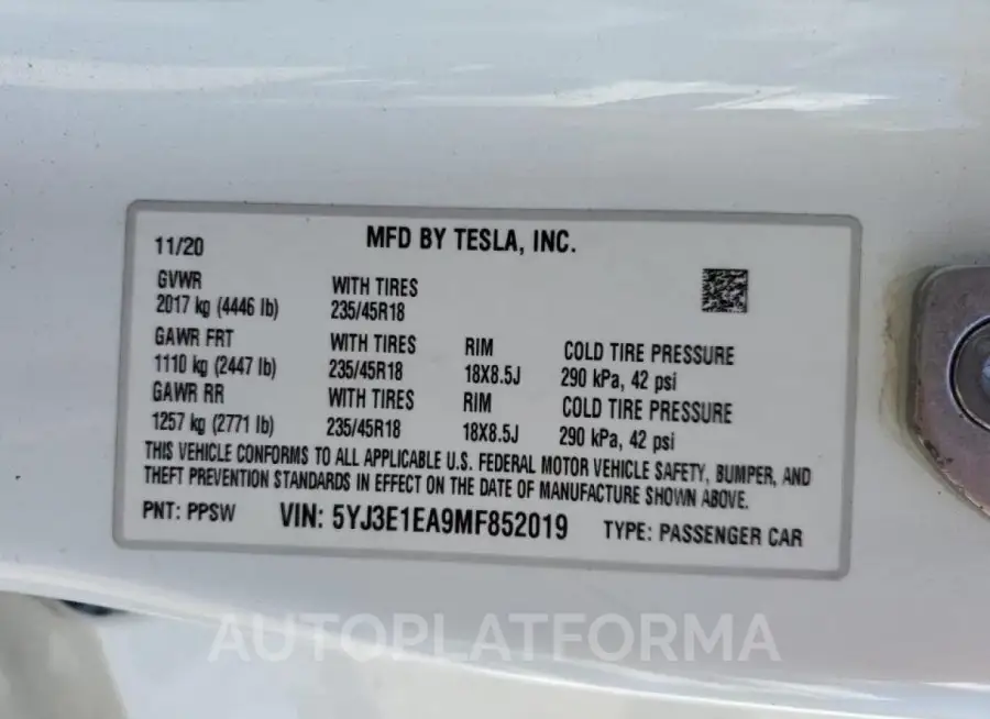 TESLA MODEL 3 2021 vin 5YJ3E1EA9MF852019 from auto auction Copart