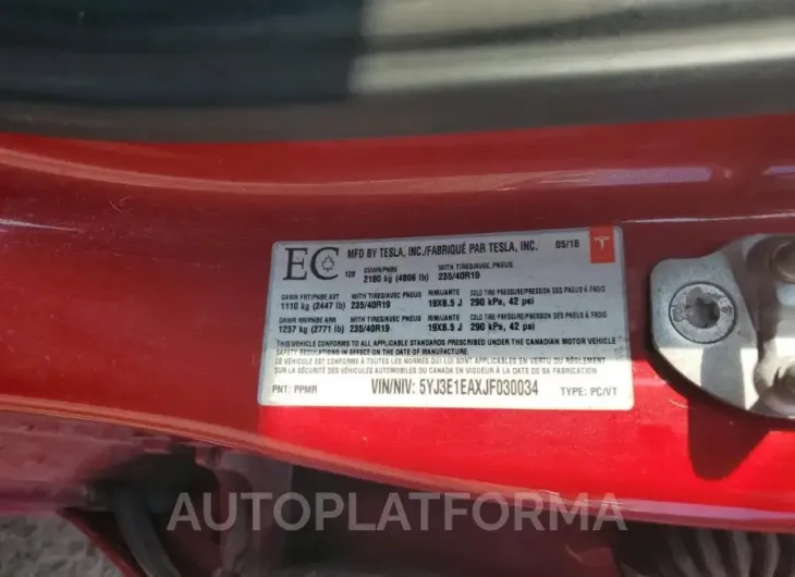 TESLA MODEL 3 2018 vin 5YJ3E1EAXJF030034 from auto auction Copart