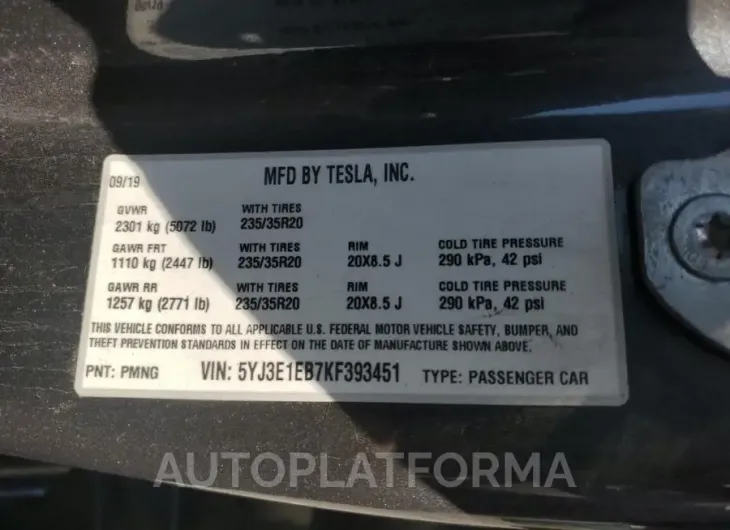 TESLA MODEL 3 2019 vin 5YJ3E1EB7KF393451 from auto auction Copart