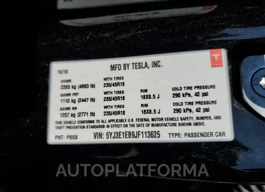 TESLA MODEL 3 2018 vin 5YJ3E1EB9JF113625 from auto auction Copart