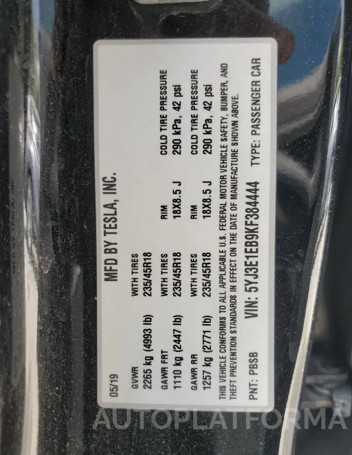 TESLA MODEL 3 2019 vin 5YJ3E1EB9KF384444 from auto auction Copart