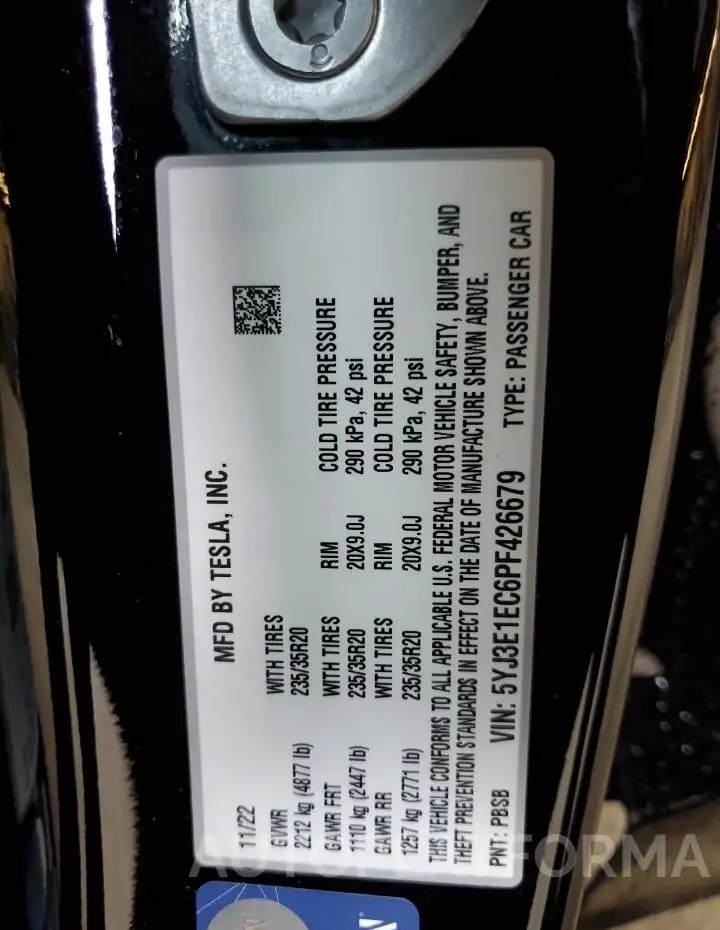 TESLA MODEL 3 2023 vin 5YJ3E1EC6PF426679 from auto auction Copart