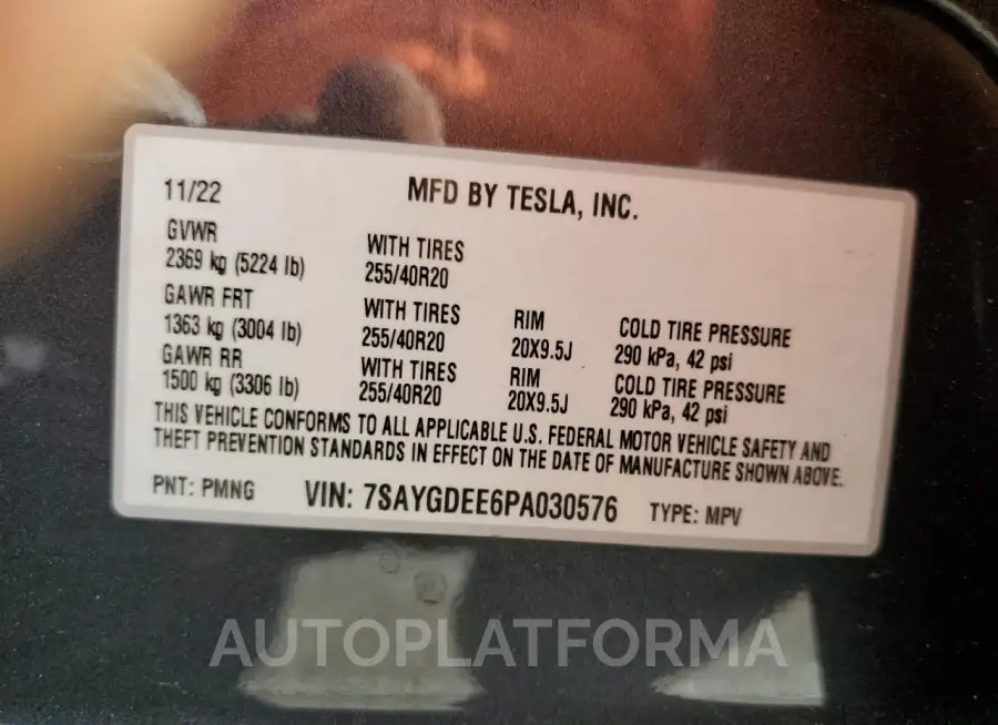 TESLA MODEL Y 2023 vin 7SAYGDEE6PA030576 from auto auction Copart