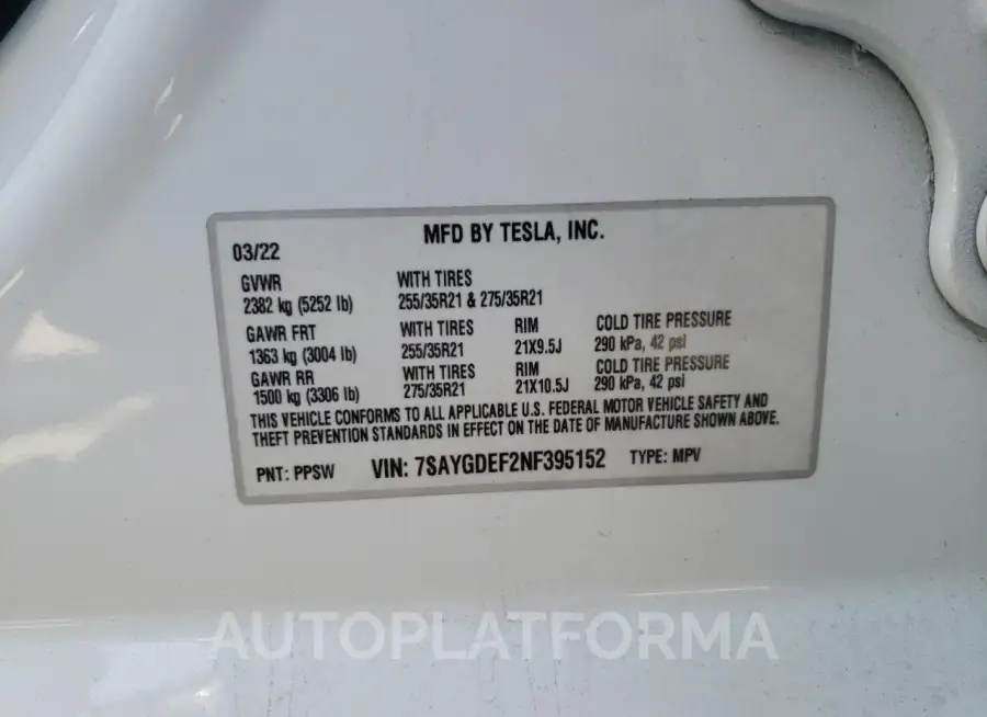 TESLA MODEL Y 2022 vin 7SAYGDEF2NF395152 from auto auction Copart