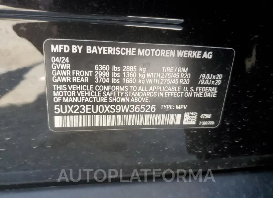 BMW X5 XDRIVE4 2025 vin 5UX23EU0XS9W36526 from auto auction Copart