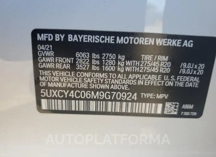 BMW X6 SDRIVE 2021 vin 5UXCY4C06M9G70924 from auto auction Copart