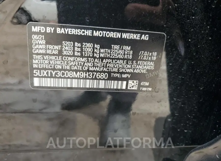 BMW X3 SDRIVE3 2021 vin 5UXTY3C08M9H37680 from auto auction Copart