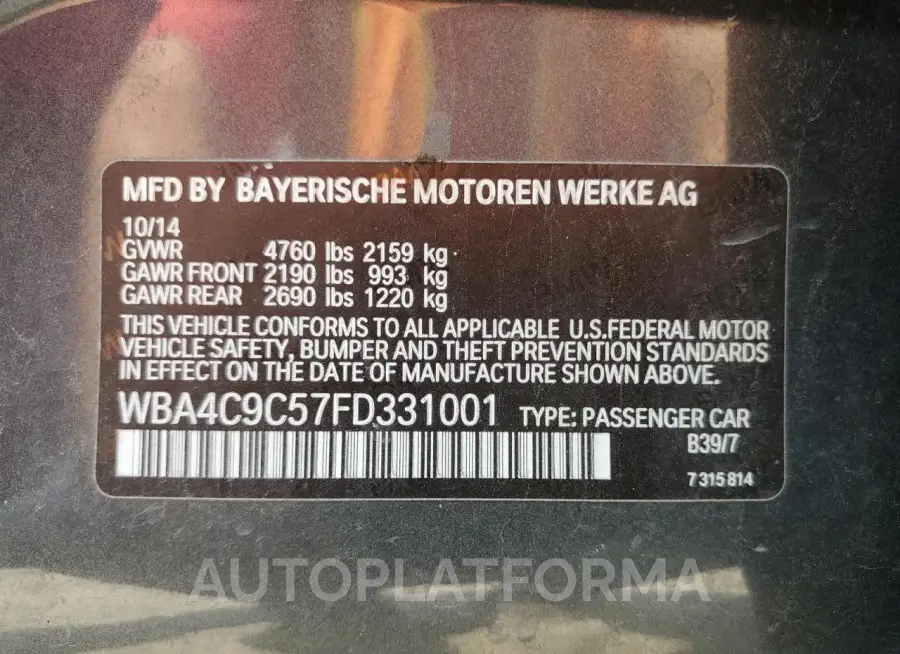 BMW 428 XI GRA 2015 vin WBA4C9C57FD331001 from auto auction Copart