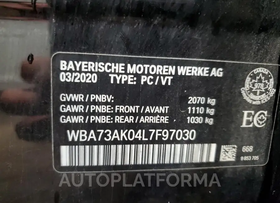 BMW 228XI 2020 vin WBA73AK04L7F97030 from auto auction Copart