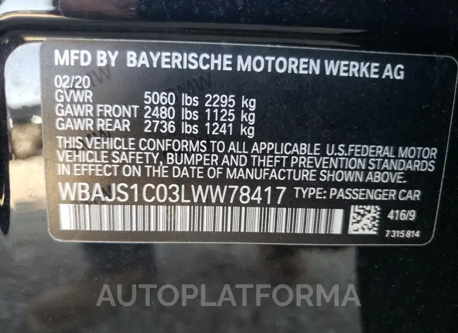 BMW 540 I 2020 vin WBAJS1C03LWW78417 from auto auction Copart