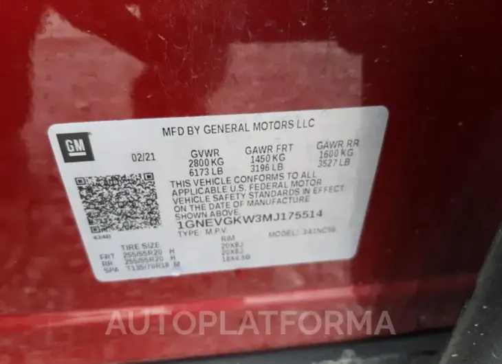 CHEVROLET TRAVERSE L 2021 vin 1GNEVGKW3MJ175514 from auto auction Copart