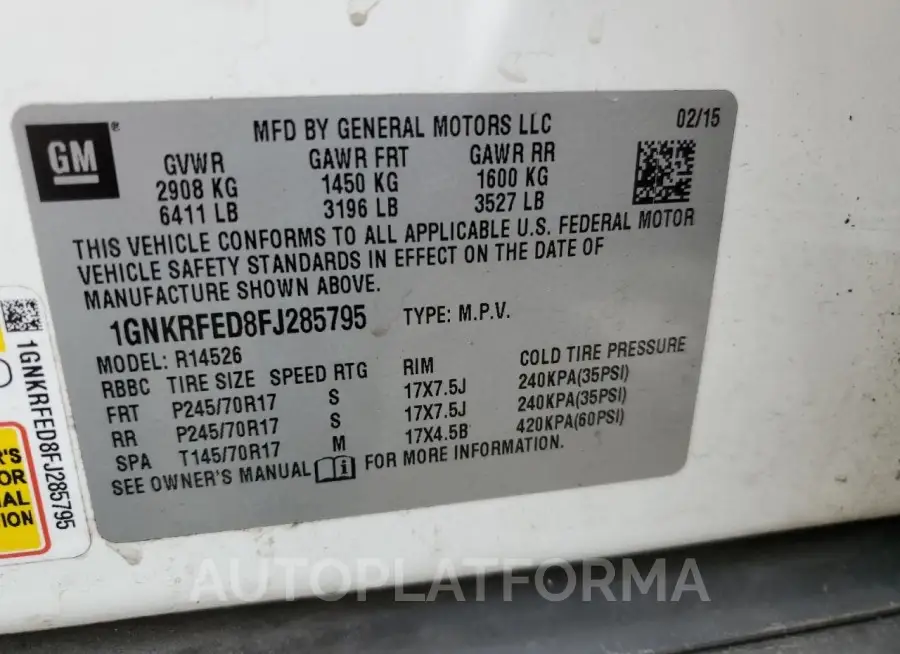 CHEVROLET TRAVERSE L 2015 vin 1GNKRFED8FJ285795 from auto auction Copart