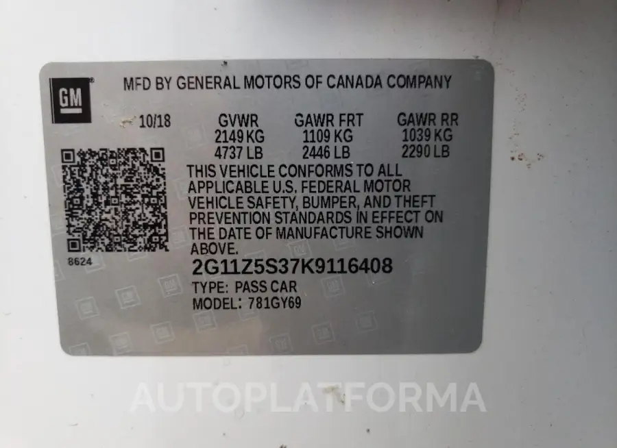 CHEVROLET IMPALA LT 2019 vin 2G11Z5S37K9116408 from auto auction Copart