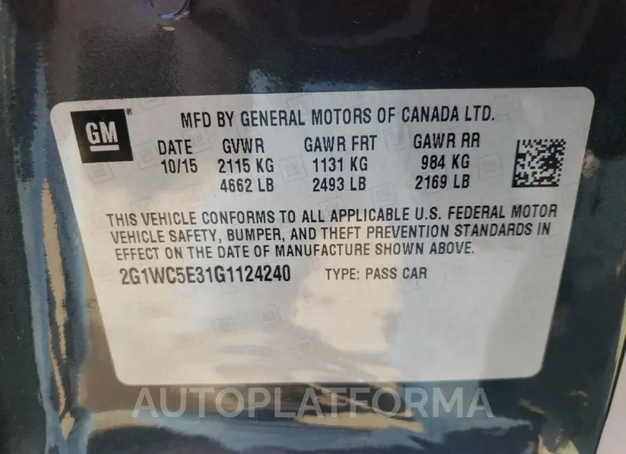 CHEVROLET IMPALA LIM 2016 vin 2G1WC5E31G1124240 from auto auction Copart