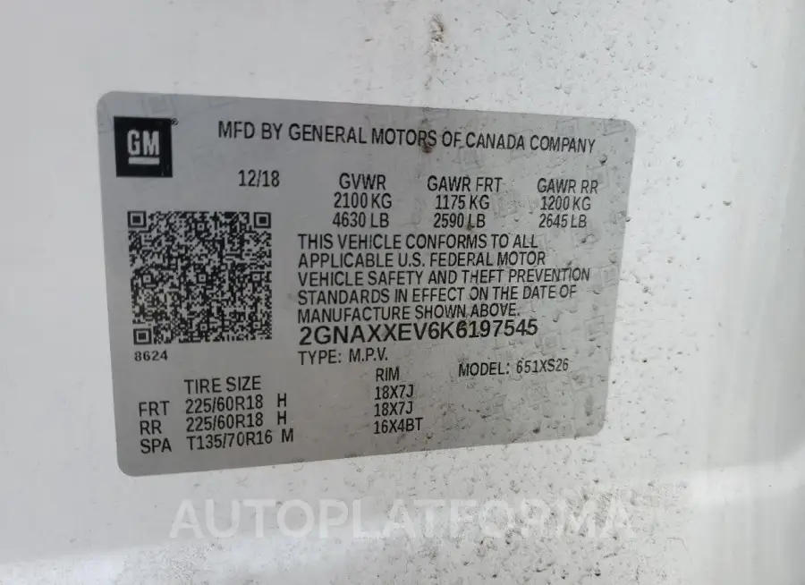 CHEVROLET EQUINOX PR 2019 vin 2GNAXXEV6K6197545 from auto auction Copart