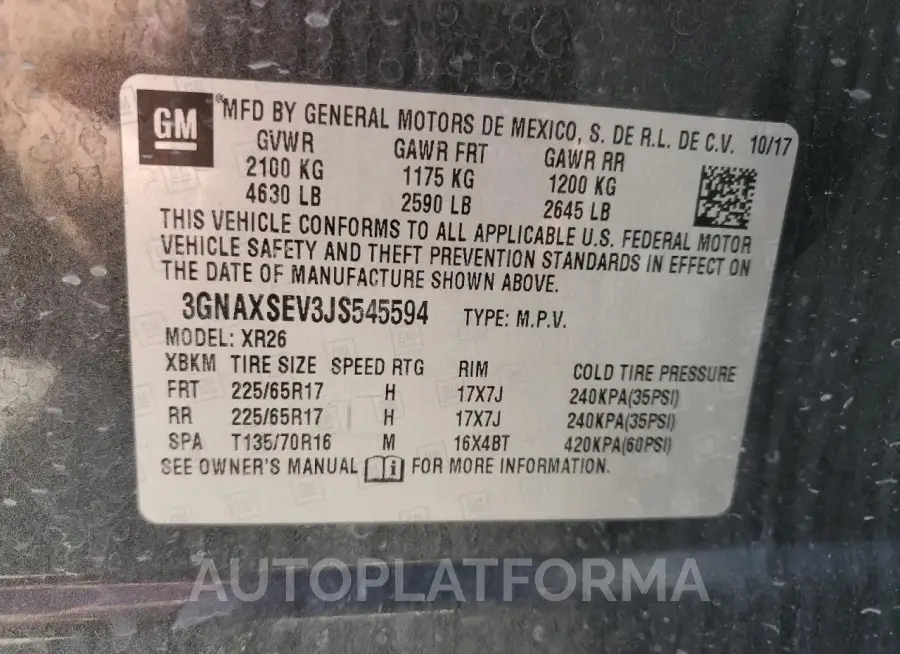 CHEVROLET EQUINOX LT 2018 vin 3GNAXSEV3JS545594 from auto auction Copart