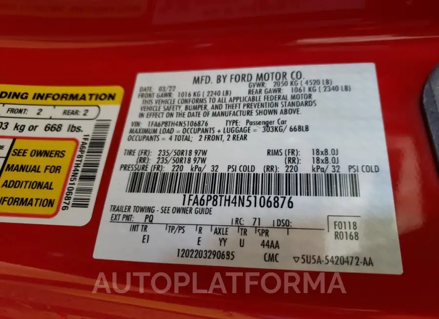 FORD MUSTANG 2022 vin 1FA6P8TH4N5106876 from auto auction Copart