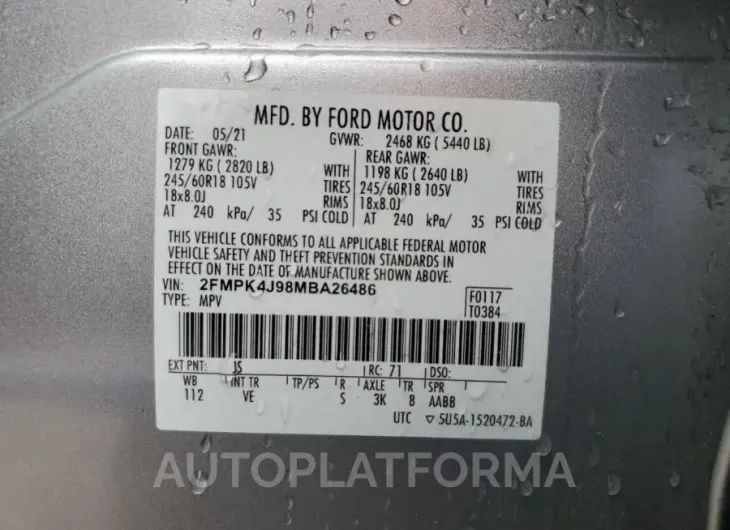 FORD EDGE SEL 2021 vin 2FMPK4J98MBA26486 from auto auction Copart