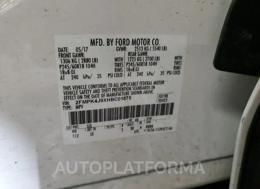 FORD EDGE SEL 2017 vin 2FMPK4J9XHBC01875 from auto auction Copart