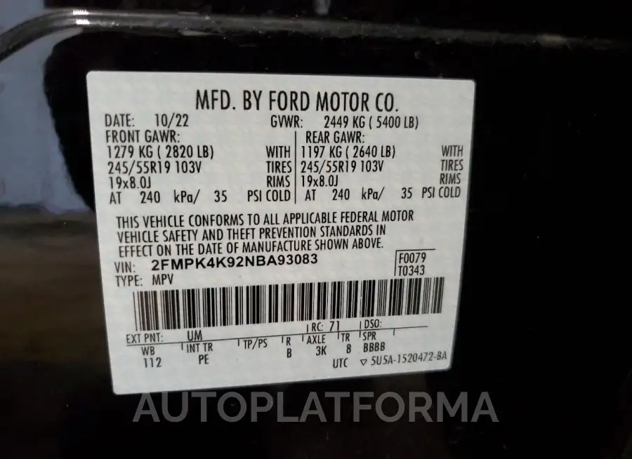 FORD EDGE TITAN 2022 vin 2FMPK4K92NBA93083 from auto auction Copart