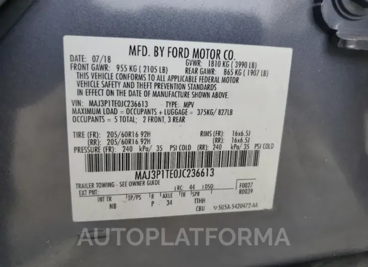 FORD ECOSPORT S 2018 vin MAJ3P1TE0JC236613 from auto auction Copart