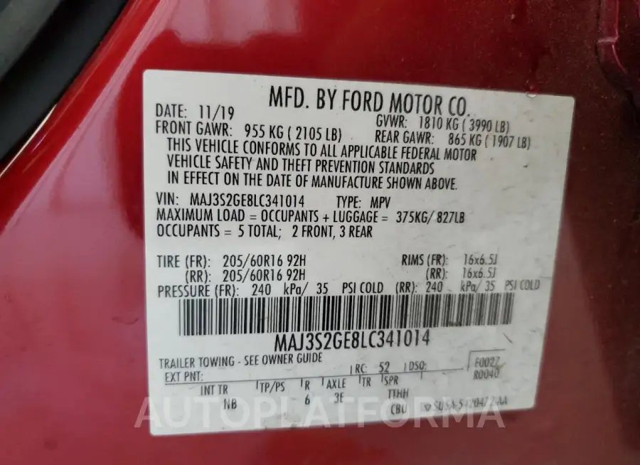 FORD ECOSPORT S 2020 vin MAJ3S2GE8LC341014 from auto auction Copart