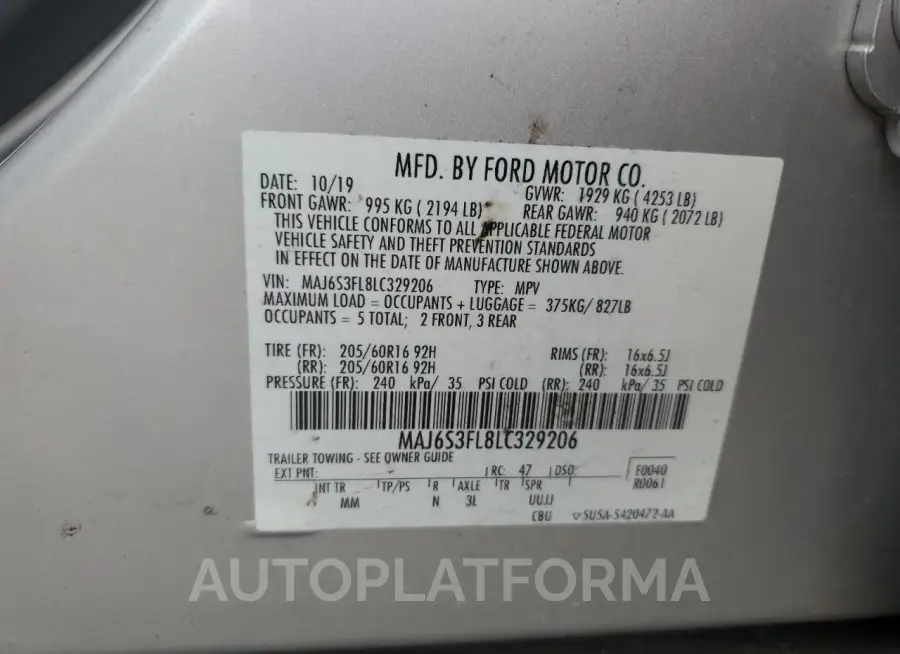 FORD ECOSPORT S 2020 vin MAJ6S3FL8LC329206 from auto auction Copart