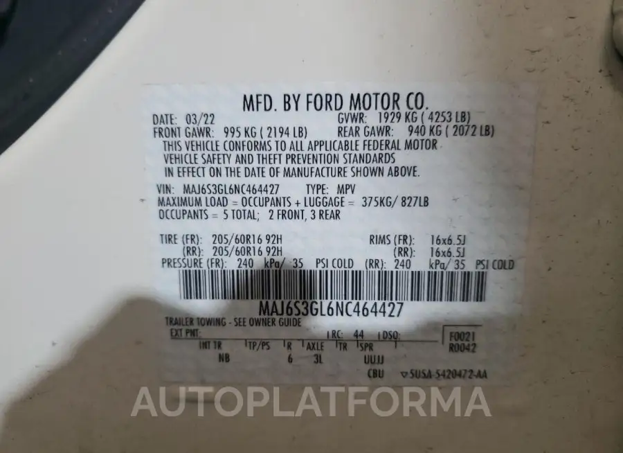 FORD ECOSPORT S 2022 vin MAJ6S3GL6NC464427 from auto auction Copart