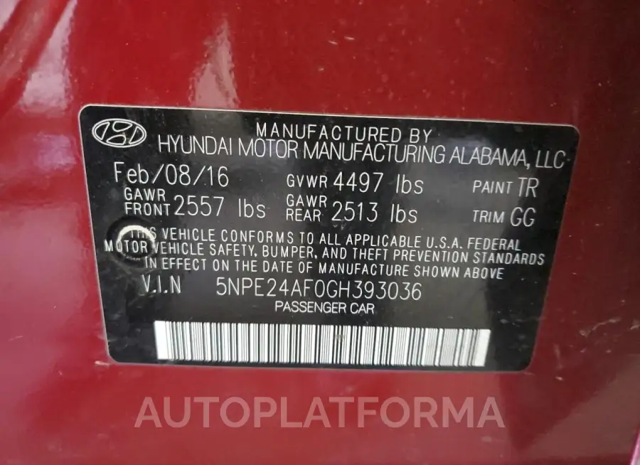 HYUNDAI SONATA SE 2016 vin 5NPE24AF0GH393036 from auto auction Copart