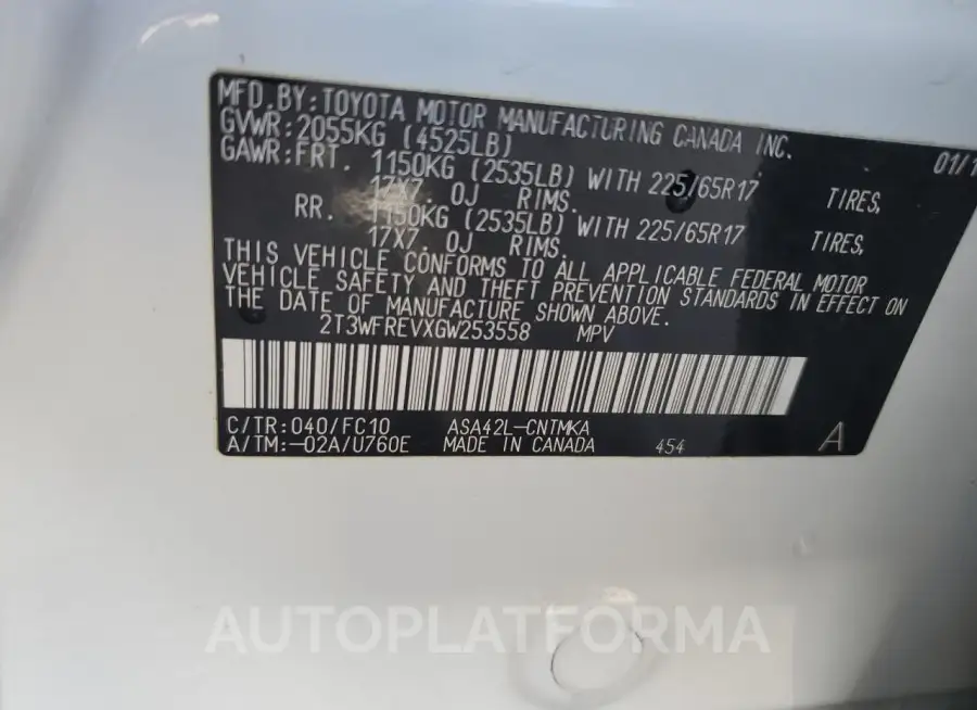 TOYOTA RAV4 XLE 2016 vin 2T3WFREVXGW253558 from auto auction Copart