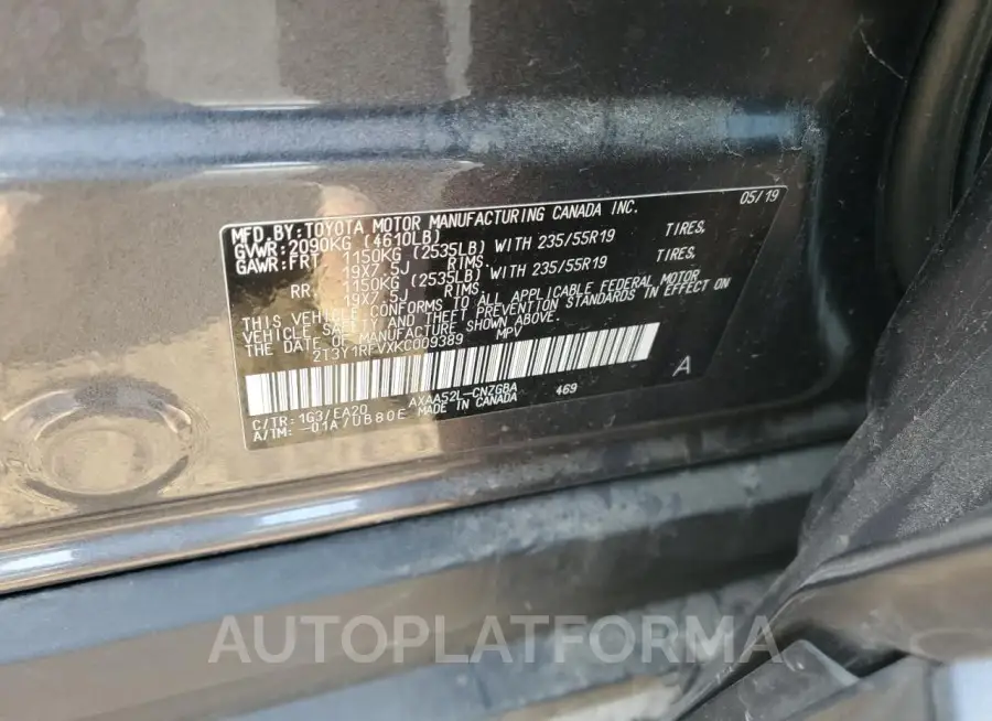 TOYOTA RAV4 LIMIT 2019 vin 2T3Y1RFVXKC009389 from auto auction Copart