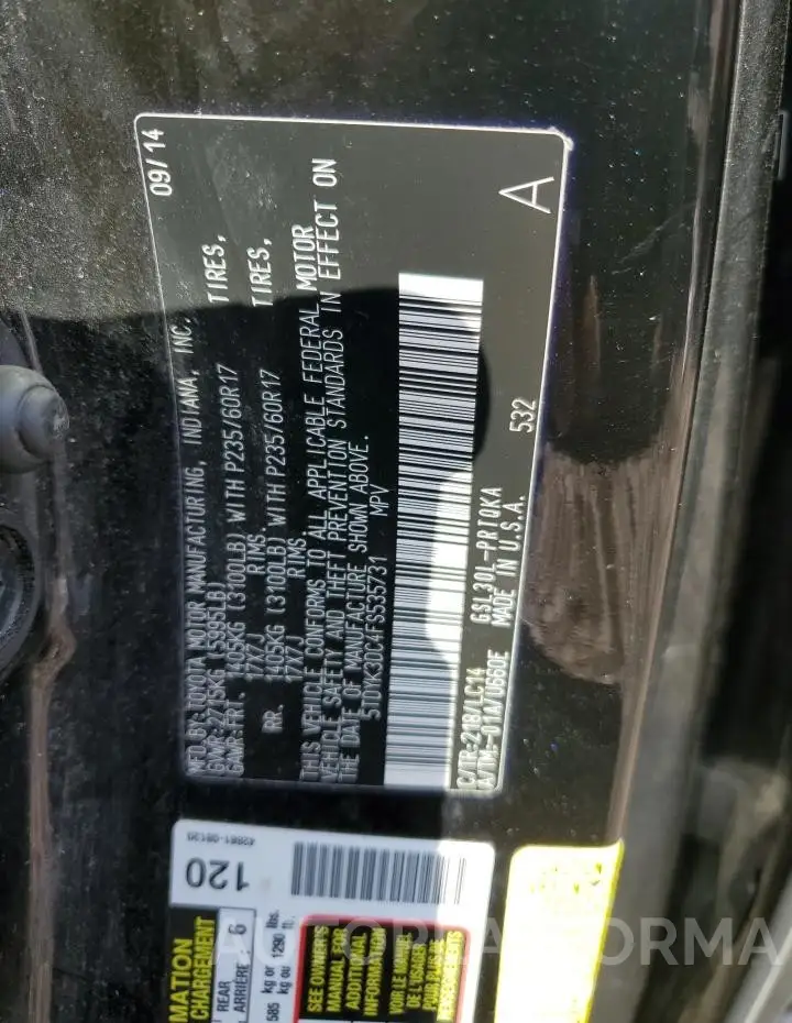 TOYOTA SIENNA XLE 2015 vin 5TDYK3DC4FS535731 from auto auction Copart